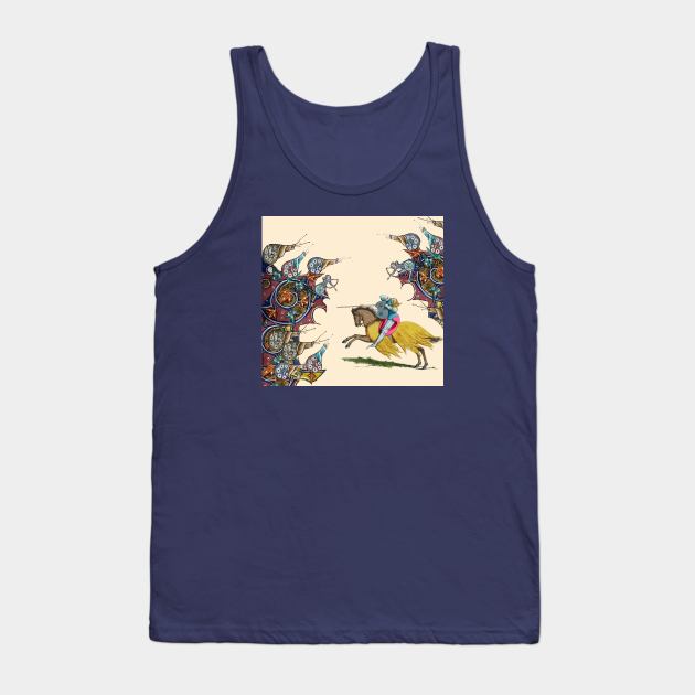 WEIRD MEDIEVAL BESTIARY WAR, KNIGHT HORSEBACK COMBATTING WITH GIANT SNAILS Tank Top by BulganLumini